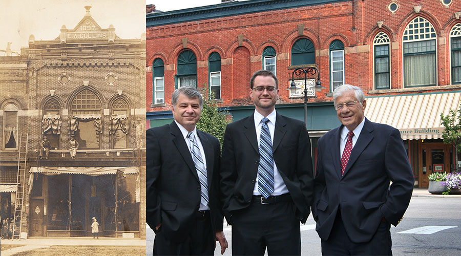old picture of building and new one of three men in front of office building